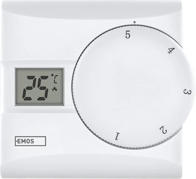 EMOS - termostato digitale con display LCD - manuale, cablato - riscaldamento, raffreddamento - intervallo temperatura 5-30 °C - montaggio a vista - facile da usare - batteria inclusa - bianco