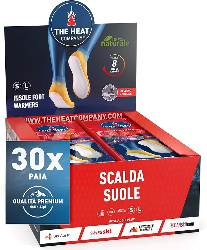 THE HEAT COMPANY Scalda-Suole Adesivo - 5 o 30 Paia - Extra Caldo - Scaldapiedi - 8 Ore Piedi Caldi - Pronti all'Uso - autoriscaldante - Puro Naturale - Taglia Small o Large — Abbigliamento riscaldato