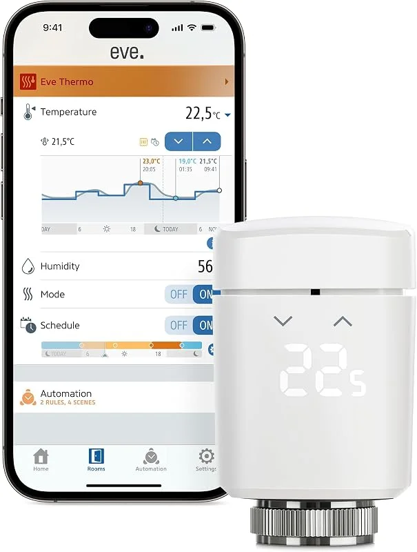 Eve Thermo (Matter, 4ª gen): valvola termostatica intelligente, controllo automatico della temperatura, richiede Amazon Alexa, Apple Home, SmartThings o Google Home. necessario Thread Border Router — Riscaldamento