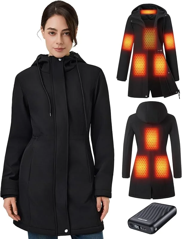 Giacca Riscaldata Donna Con Power Bank 12v 18400mah, 8 Zone Con 3 Livelli Di Temperatura, Cappotto invernale lungo, caldo e impermeabile, con fodera in pile e cappuccio, M — Abbigliamento riscaldato