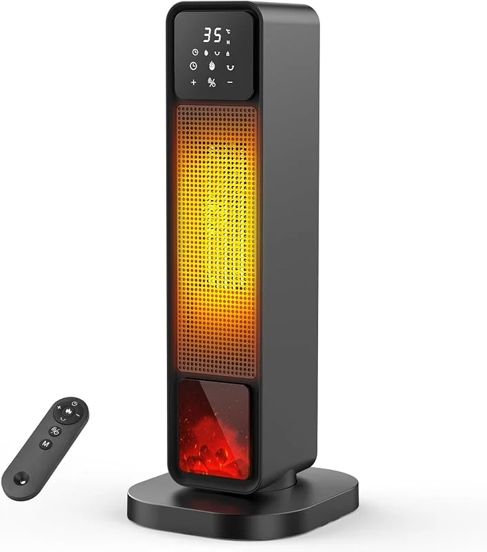 Termoventilatore a Colonna, Stufa Elettrica Basso Consumo 2200W PTC, Stufa Elettrica con Effetto Camino LED, Telecomando, Oscillazione, Timer 12H, Múltiples Funciones de Protección per Ambienti 25m² — Riscaldamento