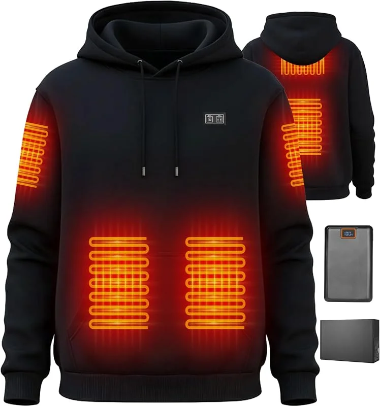 Felpa con Cappuccio Riscaldante con Interno in Pile per Uomo e Donna, Batteria 7.4V 20000mAh - Giacca Termica Intelligente 6 Zone, 3 Livelli di Calore per Outdoor, Campeggio, Escursionismo — Abbigliamento riscaldato