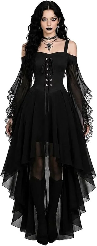 Generico Vestito Costume Halloween Donna Adulta, Abito Gotico Nero Strega Vampira Vestito Medievale Per Carnevale Feste In Maschera — Abbigliamento riscaldato