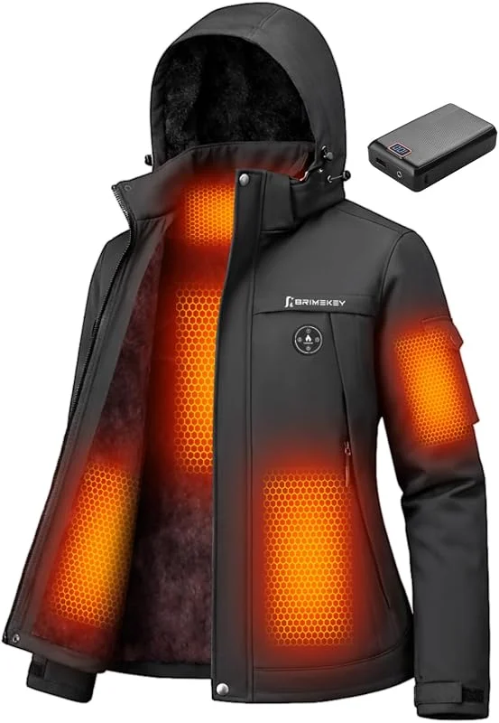Giacca da Sci Donna Riscaldata Grafene, Impermeabile e Antivento Giubbotto Termico in Pile con Batteria 20000mAh, 6 Zone di Riscaldamento, 3 Livelli di Temperatura per Sci, Campeggio — Abbigliamento riscaldato