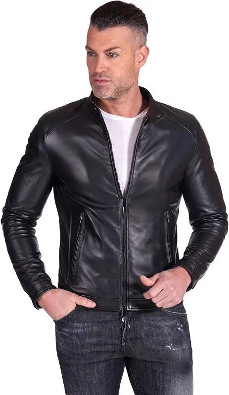 D'Arienzo Giacca Pelle Blu Uomo Giubbino Biker Vera Pelle Made in Italy Ted — Abbigliamento riscaldato