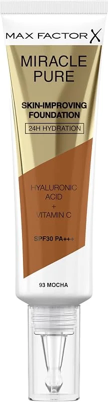 Max Factor Miracle Pure Fondotinta Liquido Idratante, con l' 89% di Ingredienti di Origine Naturale, Vitamina C, Acido Ialuronico e SPF 30, 93 Mocha — Trucco