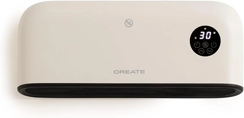 CREATE, WARM WALL PRO, Riscaldatore ceramico a parete o pavimento con WiFi bianco sporco, App, ambienti fino a 20m², rilevamento finestre aperte, antiribaltamento, 3 modalità, LCD, 2000W — Riscaldamento