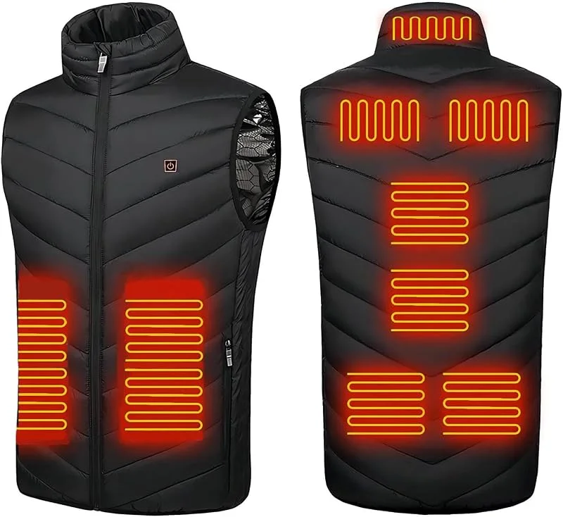 Monave Gilet Riscaldato Uomo, Giubbotto Riscaldato con 9 Elementi Riscaldanti in Fibra di Carbonio 3 Livelli di Temperatura Controllo a Doppio Pulsante per Moto Pesca Attività all'Aperto Nero — Abbigliamento riscaldato