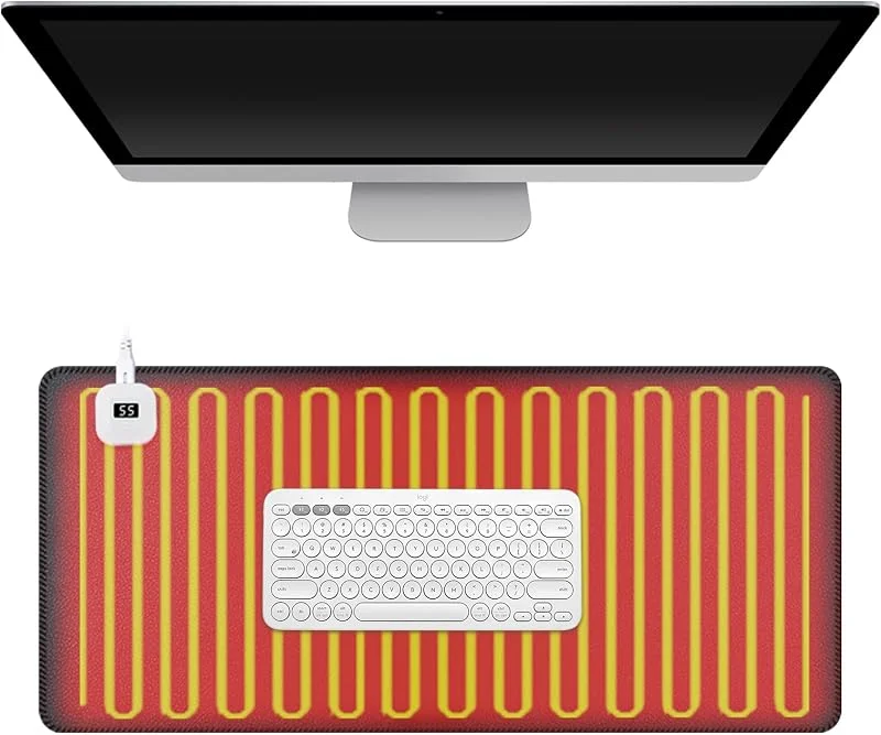 Tappetino da scrivania riscaldato da 80 x 33 cm, con timer, XXL, 6 livelli di calore, 35-55 °C, in pelle PU, per ufficio, casa, ufficio, PC, laptop, ergonomico, regalo — Riscaldamento