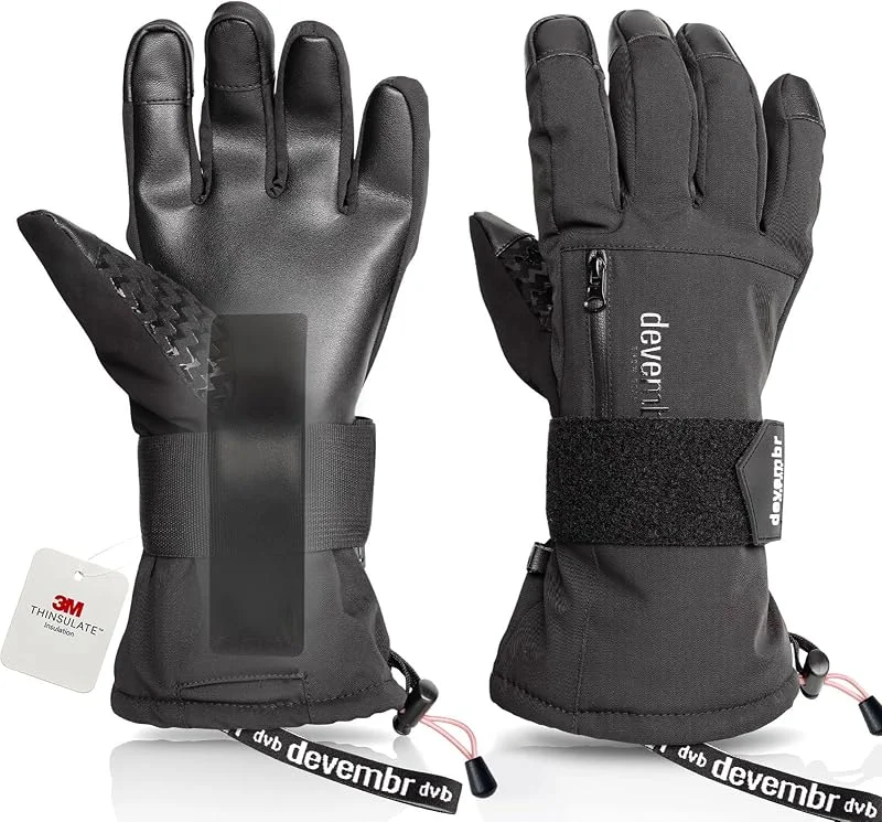 devembr Guanti da Snowboard con Protezioni per i Polsi, Guanti da Sci Touchscreen, Impermeabili, Nero, S — Abbigliamento riscaldato
