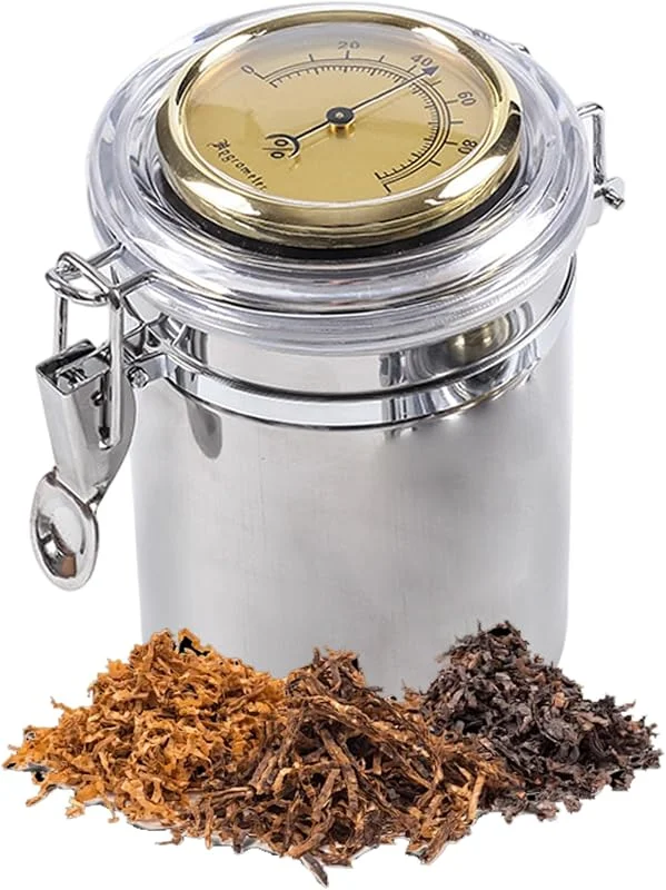 Barattolo per la conservazione del tabacco da pipa, Humidor per sigari in acciaio inossidabile con igrometro e umidificatore, Barattolo per tabacco ermetico portatile con serratura, Humidor per sigar