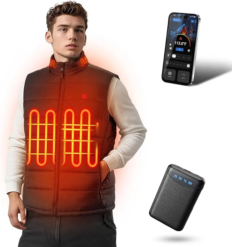 Gilet Riscaldato Uomo con Controllo APP, Giacca Riscaldata con Batteria, Giubbotto Termico Leggero e Regolabile a 4 Livelli per Outdoor, Caccia, Sci e Pendolarismo — Abbigliamento riscaldato
