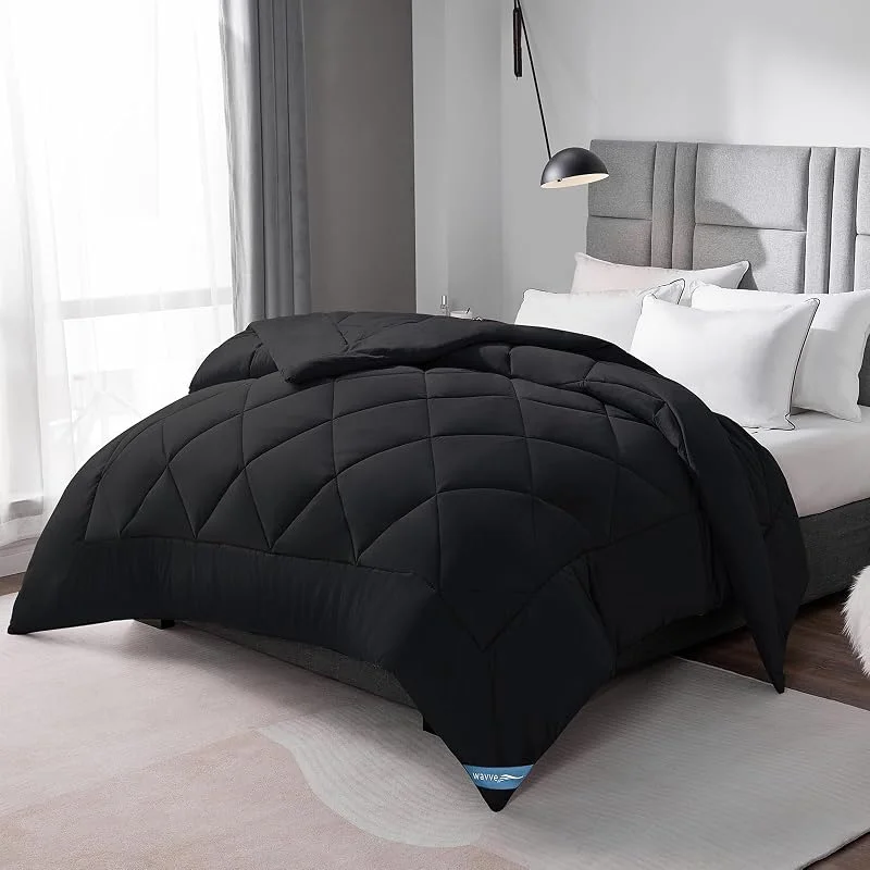 WAVVE Piumino Letto Matrimoniale 4 Stagioni 220x240 - Piumone Autunnale Invernale 220 x 240 cm - Coperta Trapunta 240x220 di Microfibra Sintetico, Nero — Riscaldamento