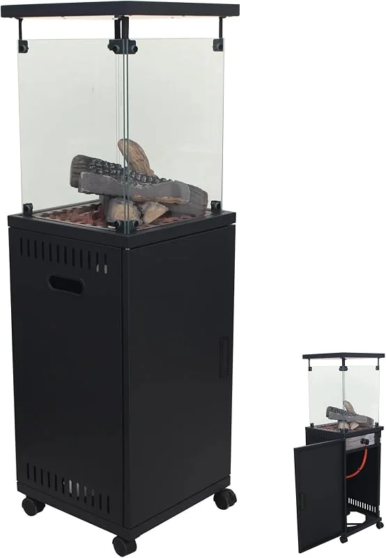 Stufa Patio a gas gpl 11 Kw con accensione piezoelettrica e legnetti decorativi - Riscaldatore da esterno decorativo 42x42x H 140cm - Ideale per bar, ristoranti, strutture — Riscaldamento