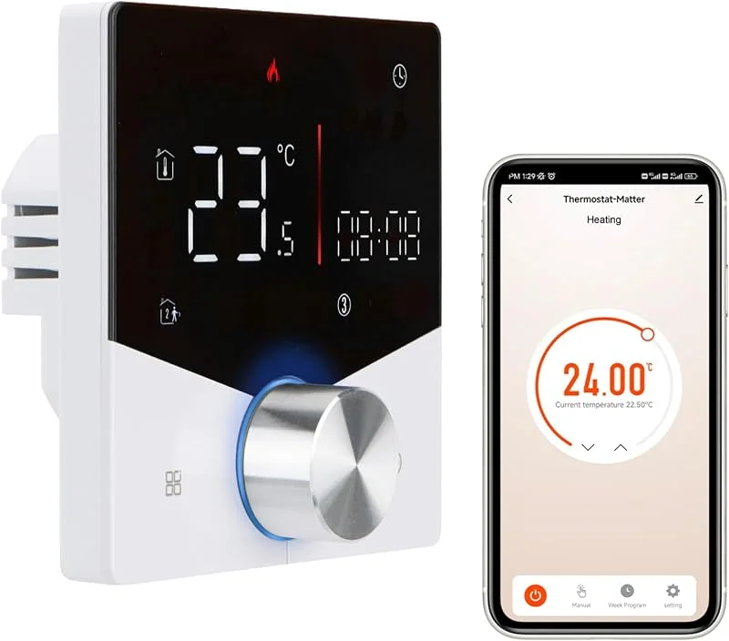 Wengart Termostato Intelligente Matter WG009, WiFi 2.4GHz, 3A per Riscaldamento ad Acqua, Compatibile con Apple Home, Alexa, Google Home e Smart Life, Montaggio su Scatola Tonda 60mm, Bianco