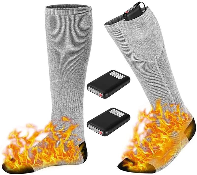 Calze Riscaldate a Batteria, Gobesty Calzini Riscaldati per Donna e Uomo, Calzini Riscaldanti Ricaricabili 4000 mAh, 3 Livelli di Riscaldamento, per Campeggio Caccia Pesca Ciclismo