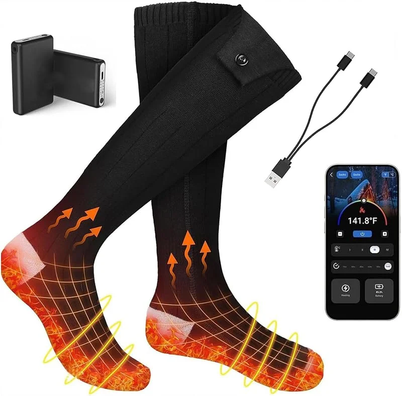 Calze riscaldanti elettriche termiche con 4 livelli di calore e controllo intelligente, batteria da 5000 mAh, calzini riscaldati elettrici a 360°, per uomini e donne (X-S) — Abbigliamento riscaldato