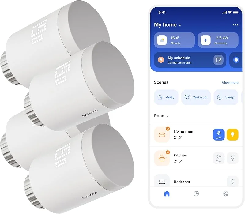Netatmo Confezione da 4 Valvole Termostatiche Smart ORIGINAL - Radiatori ad Acqua Calda, Adattatori Inclusi, Controllo Stanza per Stanza, Compatibile Matter - NBU-4-NVO — Riscaldamento