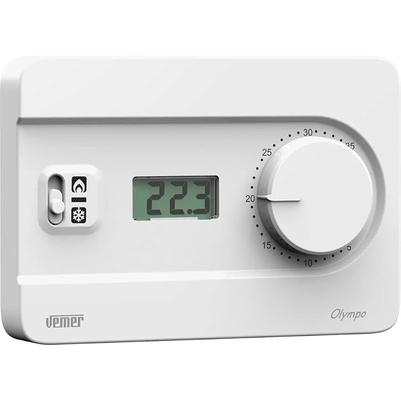 VEMER VE757700 OLYMPO LCD – Termostato Ambiente da Parete a Batteria con Display LCD, Manopola e Modalità Riscaldamento, Condizionamento, Bianco