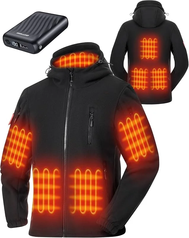 Pile Giacca Riscaldata Uomo Con Power Bank 12v 18400mah, 8 Zone Di Riscaldamento Giacca Riscaldamento Elettrico Con 3 Livelli Di Temperatura, Cappotto Invernale con Cappuccio, XXL — Abbigliamento riscaldato