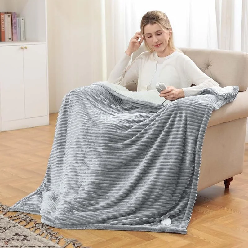 Coperta Riscaldante Elettrica con Spegnimento Automatico, 180 x 135 cm, Timer 10 Ore e 6 Temperature, Rapido Riscaldamento, Flanella, Lavabile in Lavatrice, Coperta Termica per Letto, Casa e Ufficio-Grigio