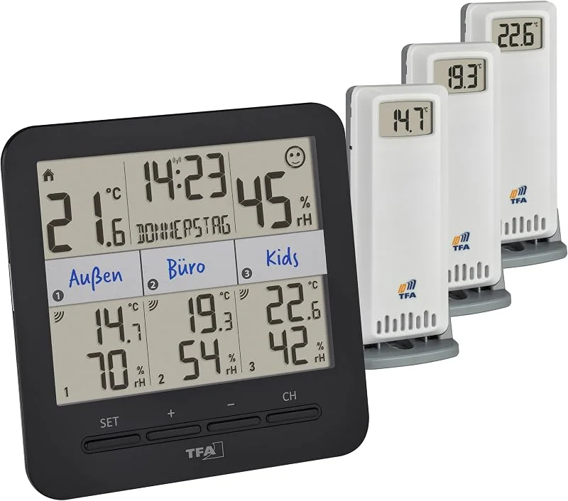 TFA Dostmann Igrometro con sensori multipli wireless Klima@Home 2, 30.3075.01, monitor dell’umidità e temperatura in più stanze, con orologio radiocontrollato e data, ambienti interni e esterni, nero — Umidificatore