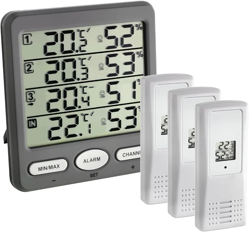 TFA Dostmann Termo-igrometro digitale radiocontrollato Klima-Monitor, 30.3054.10, con 3 sensori esterno, temperatura e umidità, clima ambientale, valori di allarme, grigio — Umidificatore
