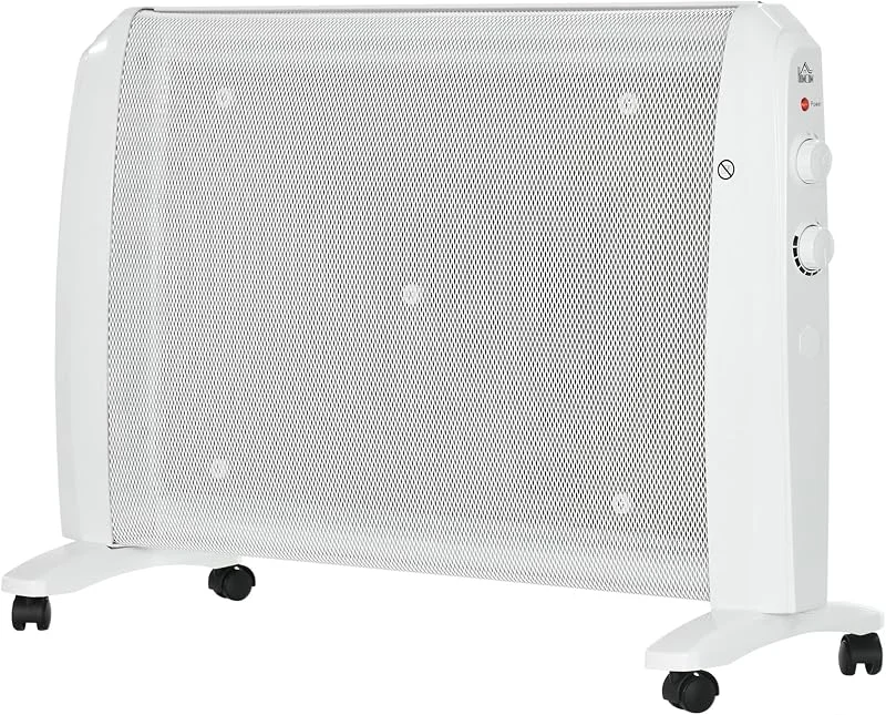 HOMCOM Riscaldatore Elettrico a Mica 1000W, 2000W 4 Ruote, 15-20 m², Bianco — Riscaldamento