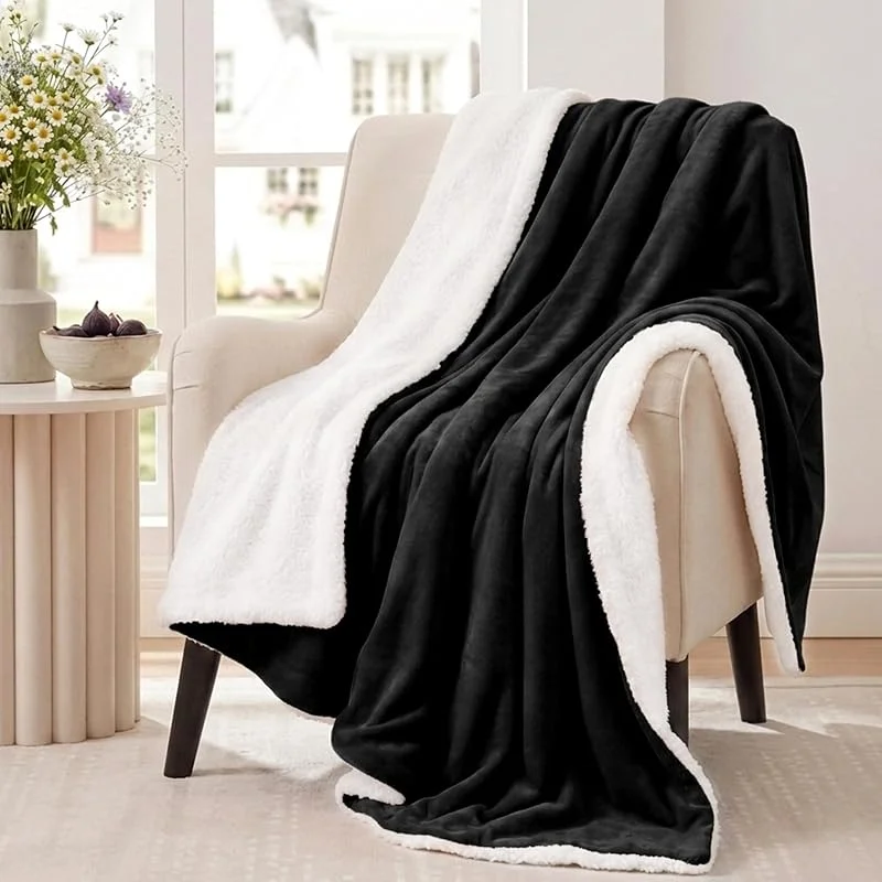Aisbo Plaid Coperta Pile Singolo - Coperta Calda Invernale per Divano e Letto Singolo 150x200 cm Pile di Flanella e Sherpa Morbida Nera, Sherpa Blanket for Sofa and Couch — Riscaldamento