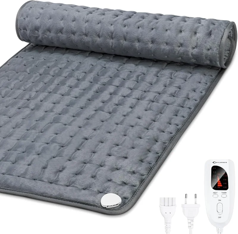 MYCARBON Termoforo Elettrico 92x50cm 6 Temperature 4 Opzioni Timer Cuscino Termico Elettrico per Schiena Cervicale Spalle Pancia Gambe Allevia Dolori Muscolari Lavabile(Grigio) — Riscaldamento