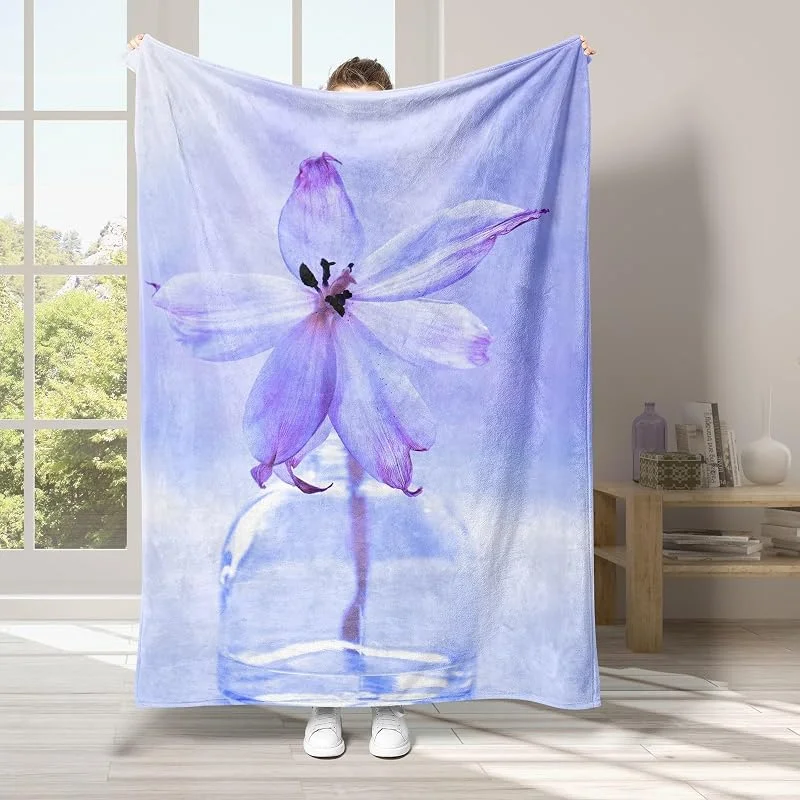 Viola Coperta di Flanella 220x240cm, Fiori Blanket Morbido Caldo e Confortevole, Modello di Copert con Stampa 3D, Adatto a Tutte le Stagioni — Riscaldamento