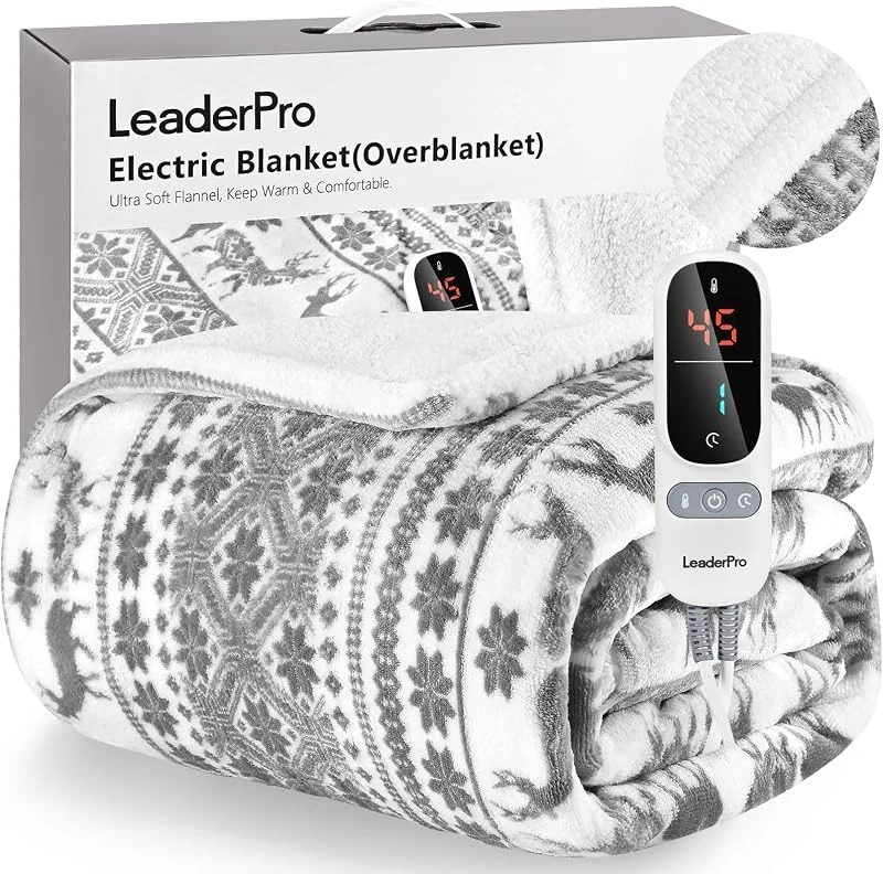 LeaderPro Coperta Elettrica Matrimoniale 180x160cm - 6 Temperature, Morbidezza Extra, Spegnimento Auto 1-9 Ore, Basso Consumo, Riscaldamento Rapido, Lavabile per Letto e Divano, Gris