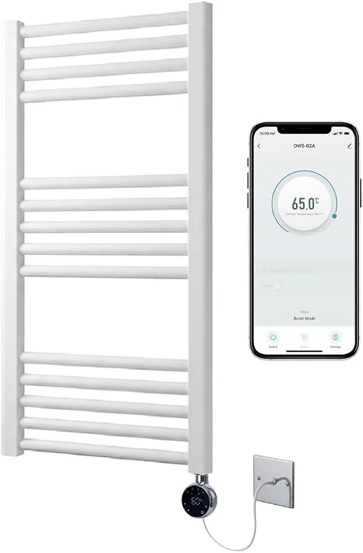 Scaldasalviette elettrico intelligente bianco con controllo WiFi 400mm L x 800mm A Timer programmabile 7 giorni Compatibilità app (Binario bianco + Elemento WiFi cromato) — Riscaldamento