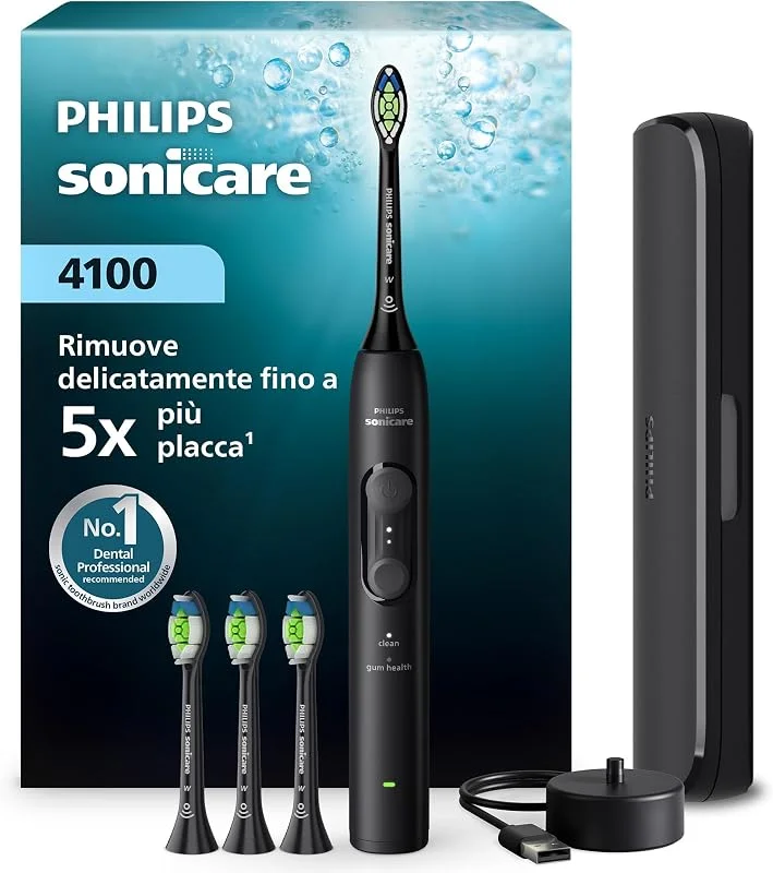 Philips Sonicare Serie 4100 - Spazzolino elettrico sonico con sensore di pressione, 4 impostazioni, EasyStart, SmarTimer, autonomia 21 giorni, custodia, nero, HX4046, 52, [Nuovo] — Igiene orale
