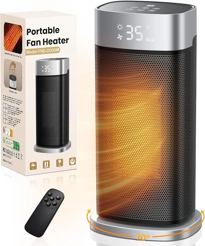 Stufetta Elettrica Basso Consumo, Termoventilatore Ceramica PTC 2000W, 15-35°C Stufa Elettrica Potente con 12H TIMER & 70° Oscillazione, Termoventilatore Basso Consumo da Bagno per Grandi Ambienti — Riscaldamento