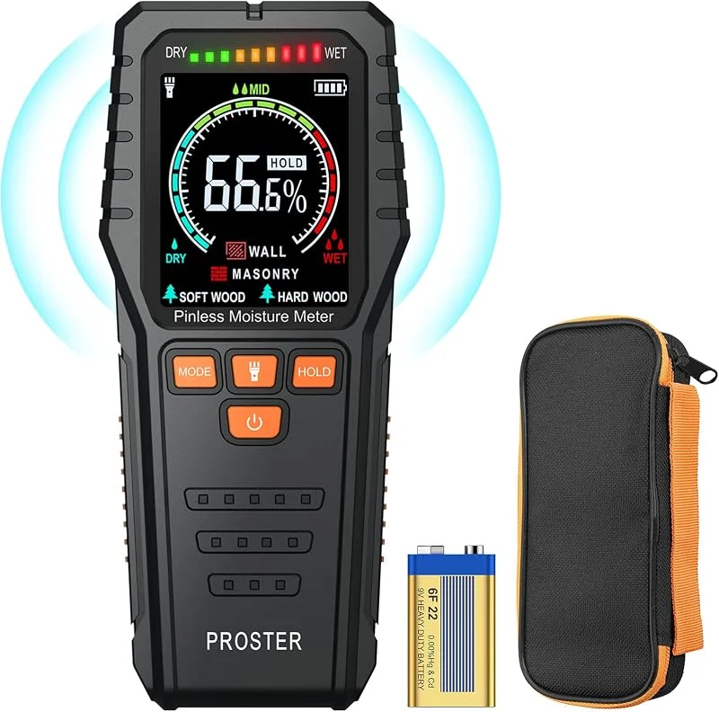 Proster Igrometro Legno Induttivo 19mm Misuratore di Umidità del Legno senza Pin con Allarme Profondità di Rilevamento 19mm Rilevatore Umidità per Cartongesso Muro Legno con Custodia Nera — Umidificatore